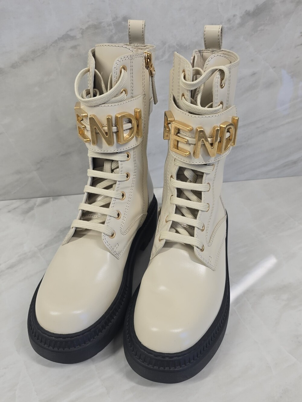 Fendi Leather Cream Combat Boots with Gold Accent